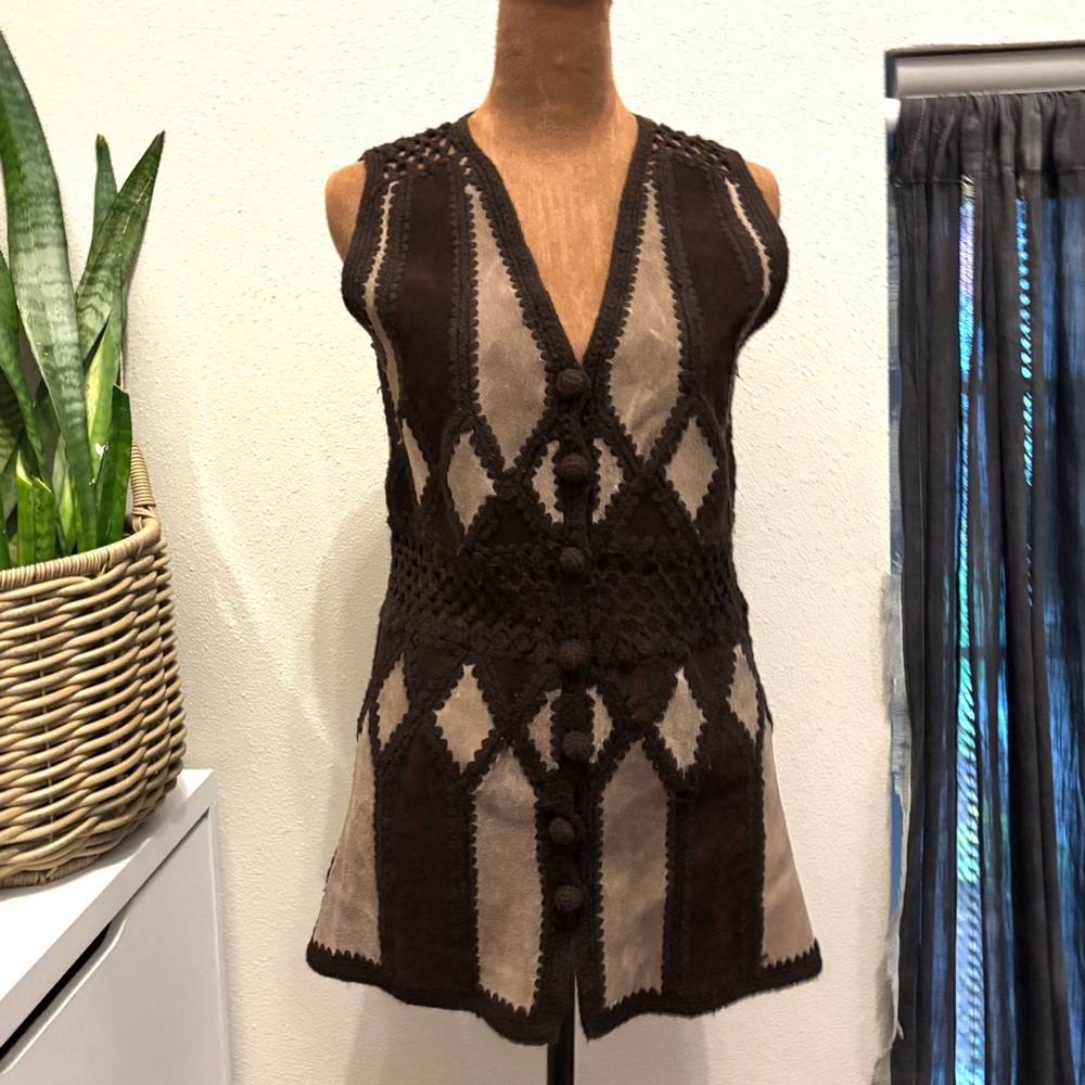 Hippie Crochet and Suede Patchwork Vintage 1970s Vest Boho Renaissance Festival